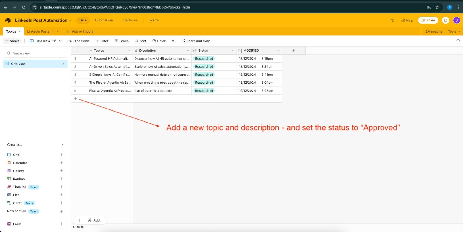 LinkedIn Post Automation - Topic Table