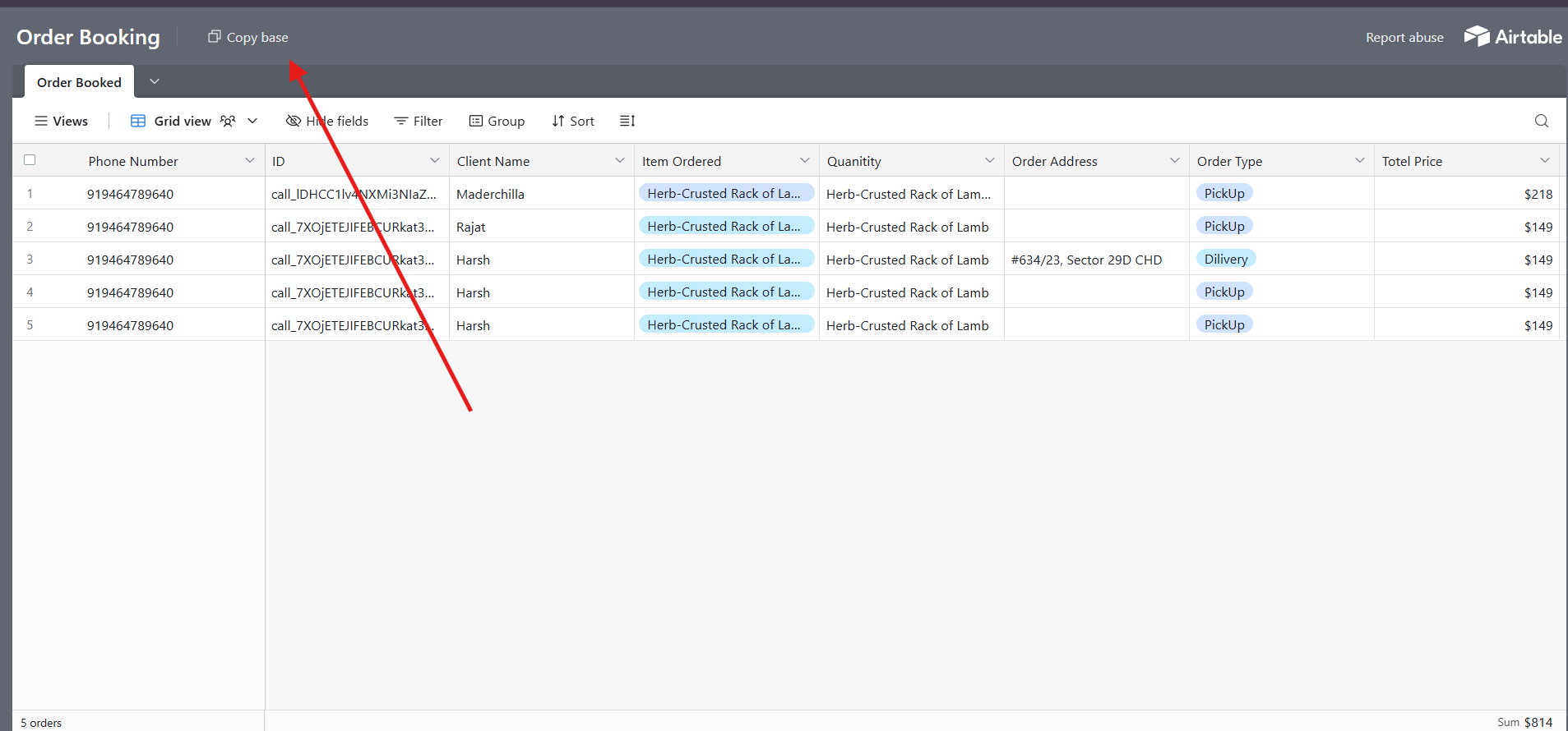 air table base for order 