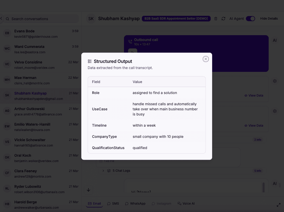 Structured data output from B2B SaaS AI call — lead and qualification fields extracted automatically