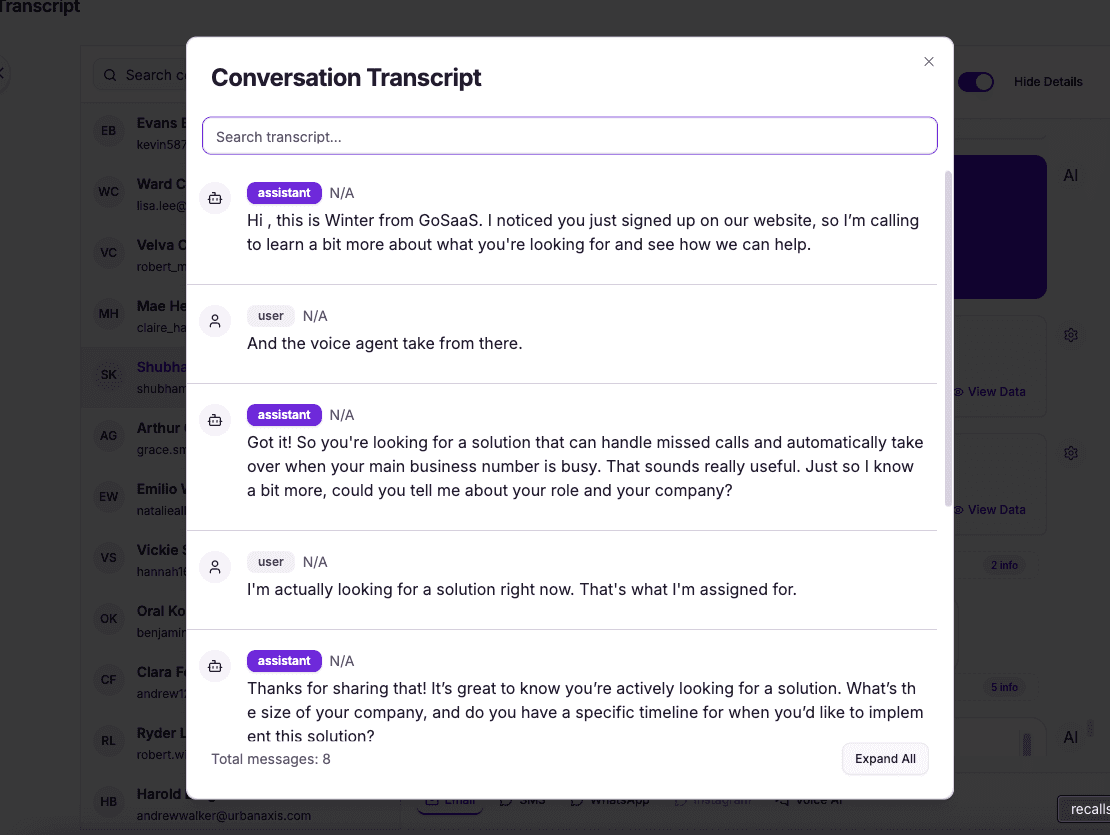 Full transcript of the AI B2B lead qualification call — every word logged and searchable