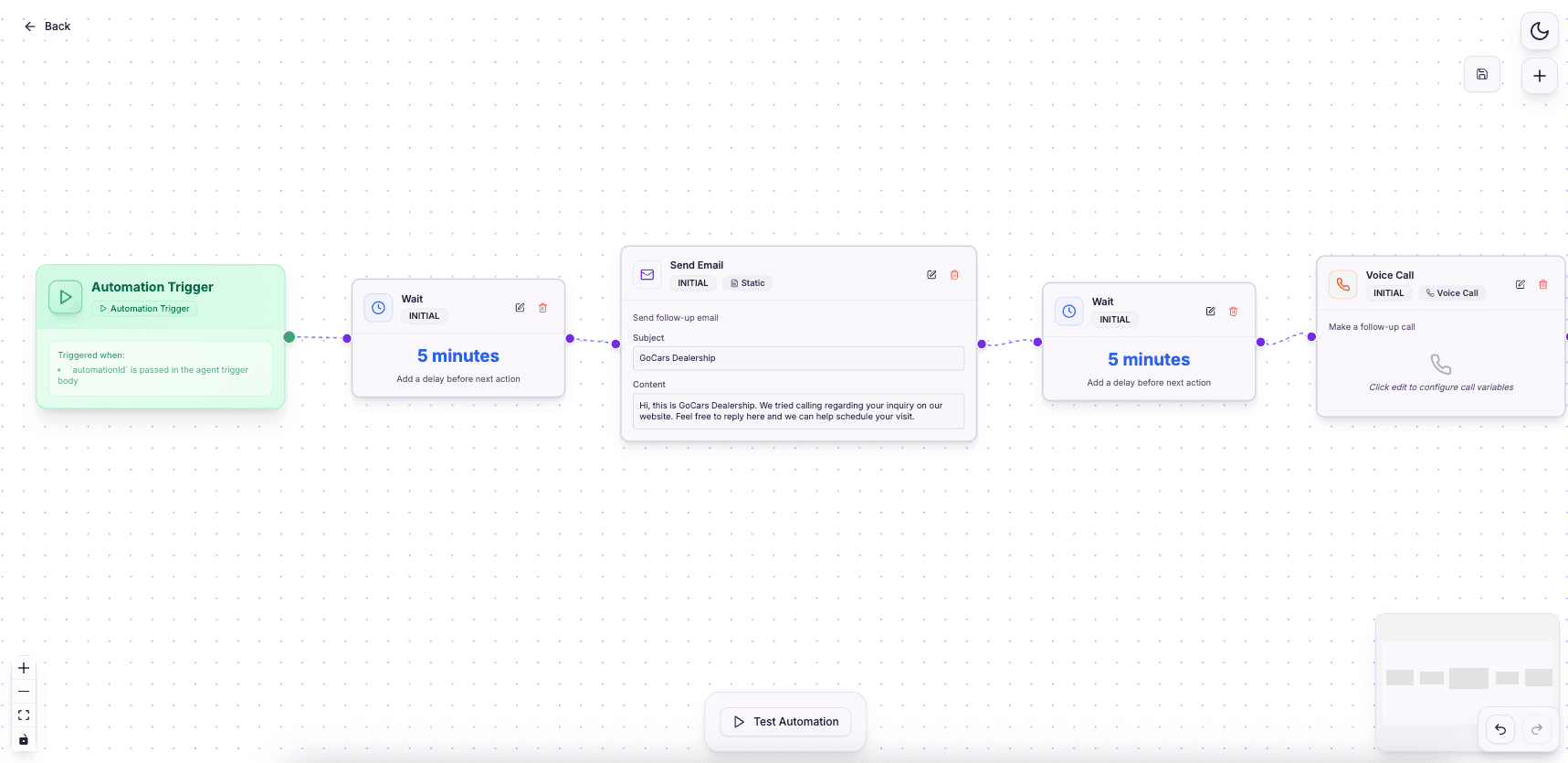 RecallSync car dealership AI receptionist workflow — enquiry triggers AI call and automated follow-up