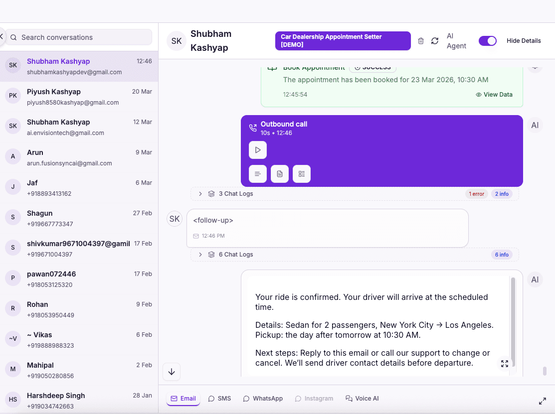 AI car dealership receptionist live conversation — sales or service enquiry handled by RecallSync