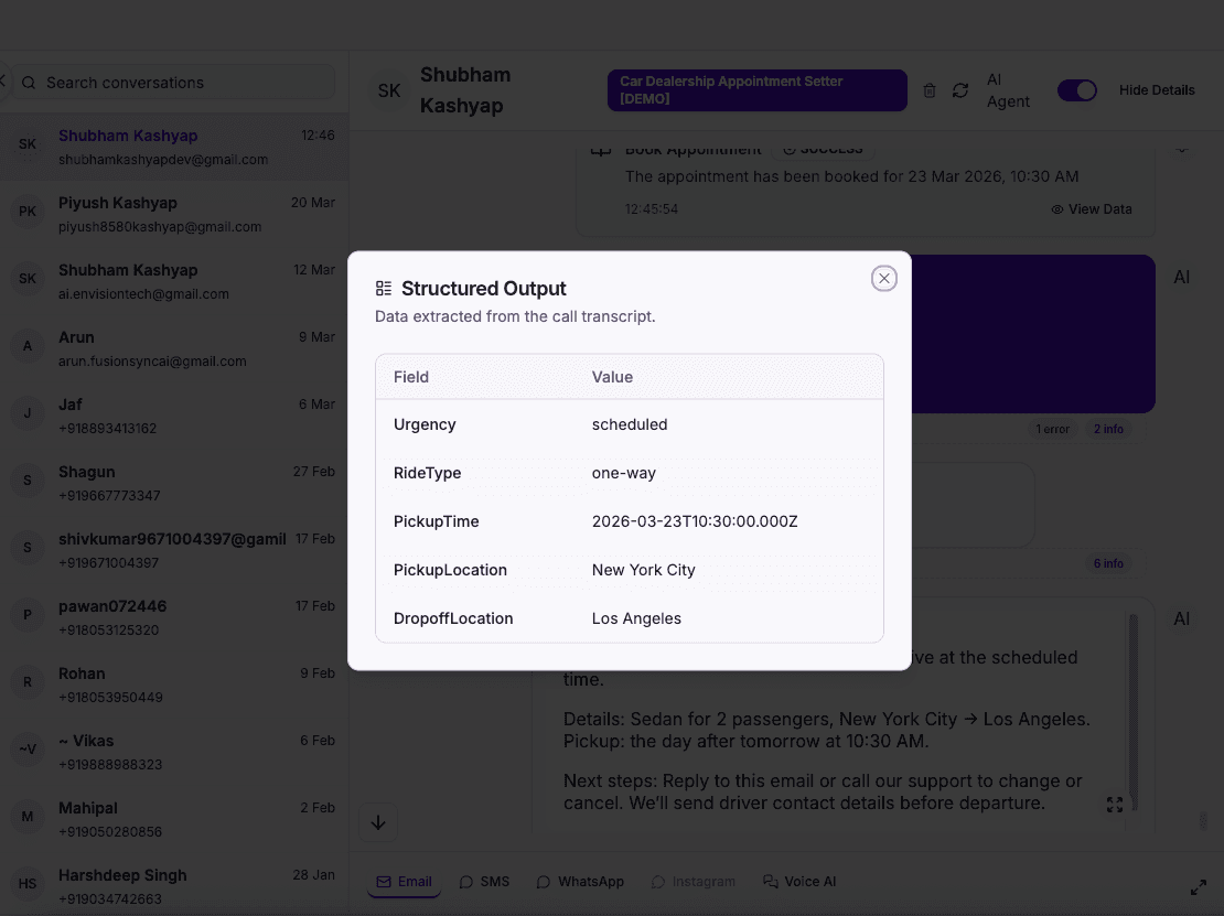 Structured data output from dealership AI call — lead and appointment fields extracted automatically