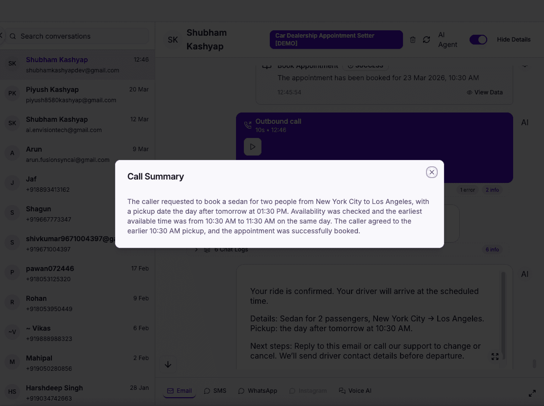 Dealership AI call summary email — vehicle interest and booking details captured from the conversation
