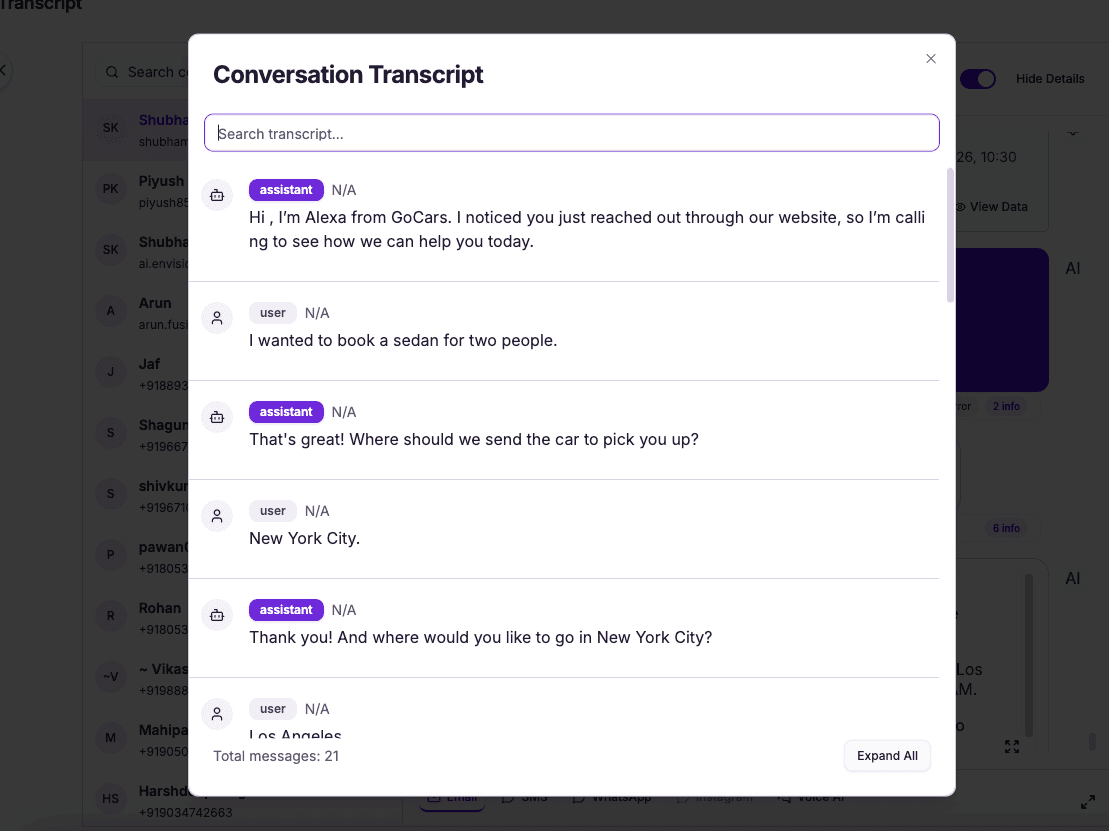 Full transcript of the AI dealership receptionist call — every detail logged and searchable