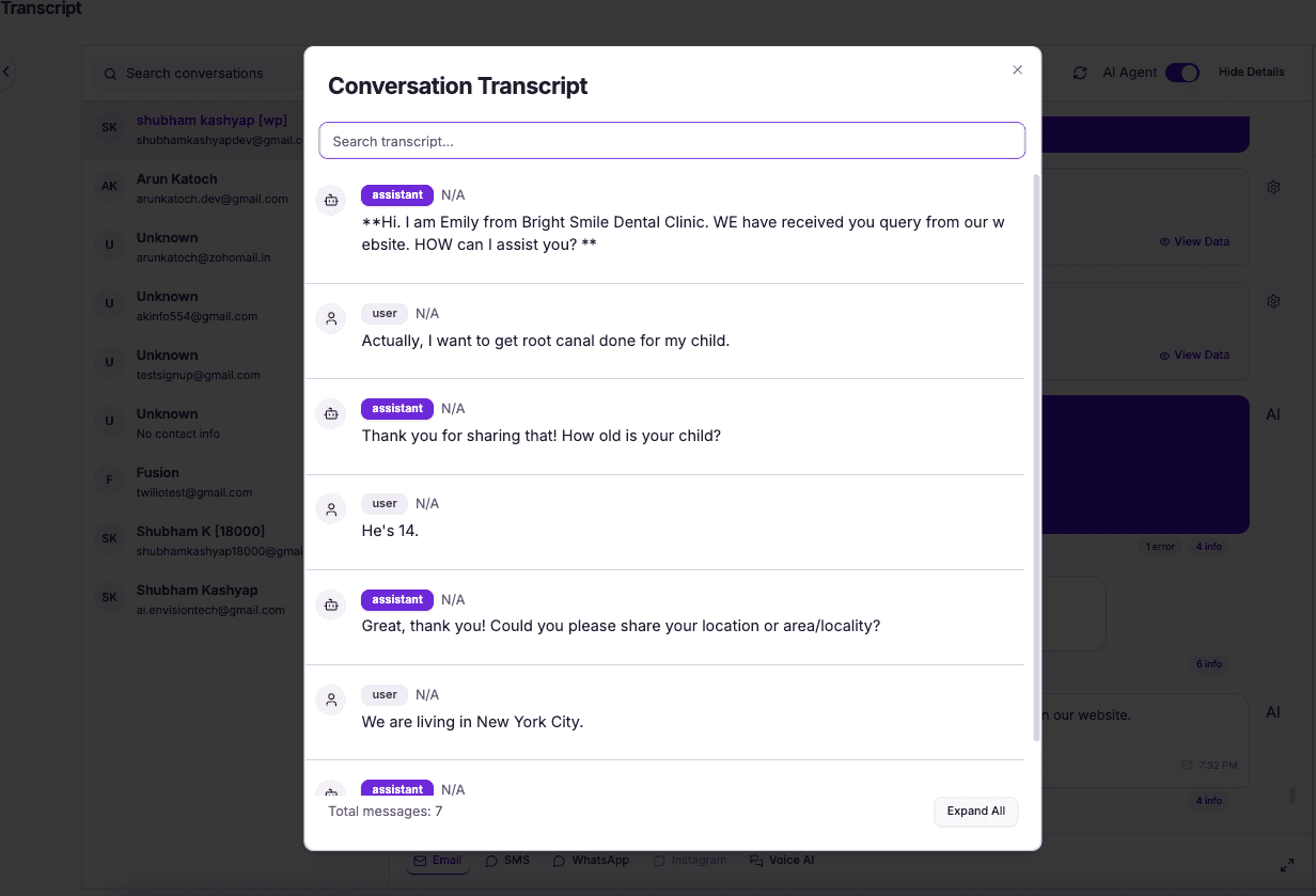 Full transcript of the AI dental lead response call - every word logged and searchable