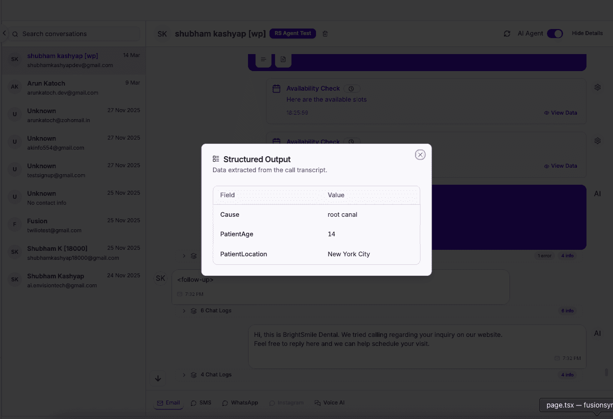 Structured data output from dental AI call — patient details, appointment type, and booking intent extracted automatically