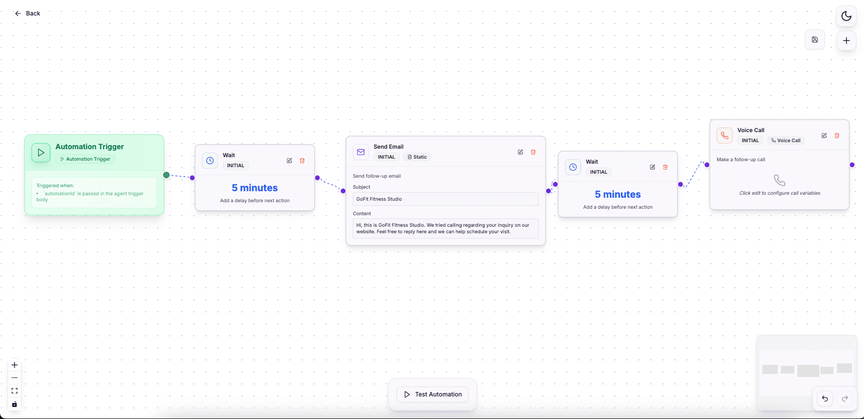 RecallSync fitness studio AI receptionist workflow — enquiry triggers AI call and automated follow-up
