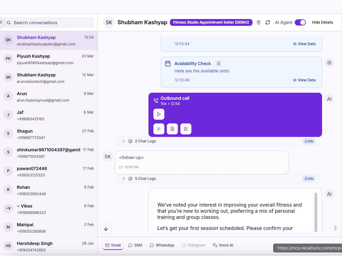 AI fitness studio receptionist live conversation — trial or membership enquiry handled by RecallSync