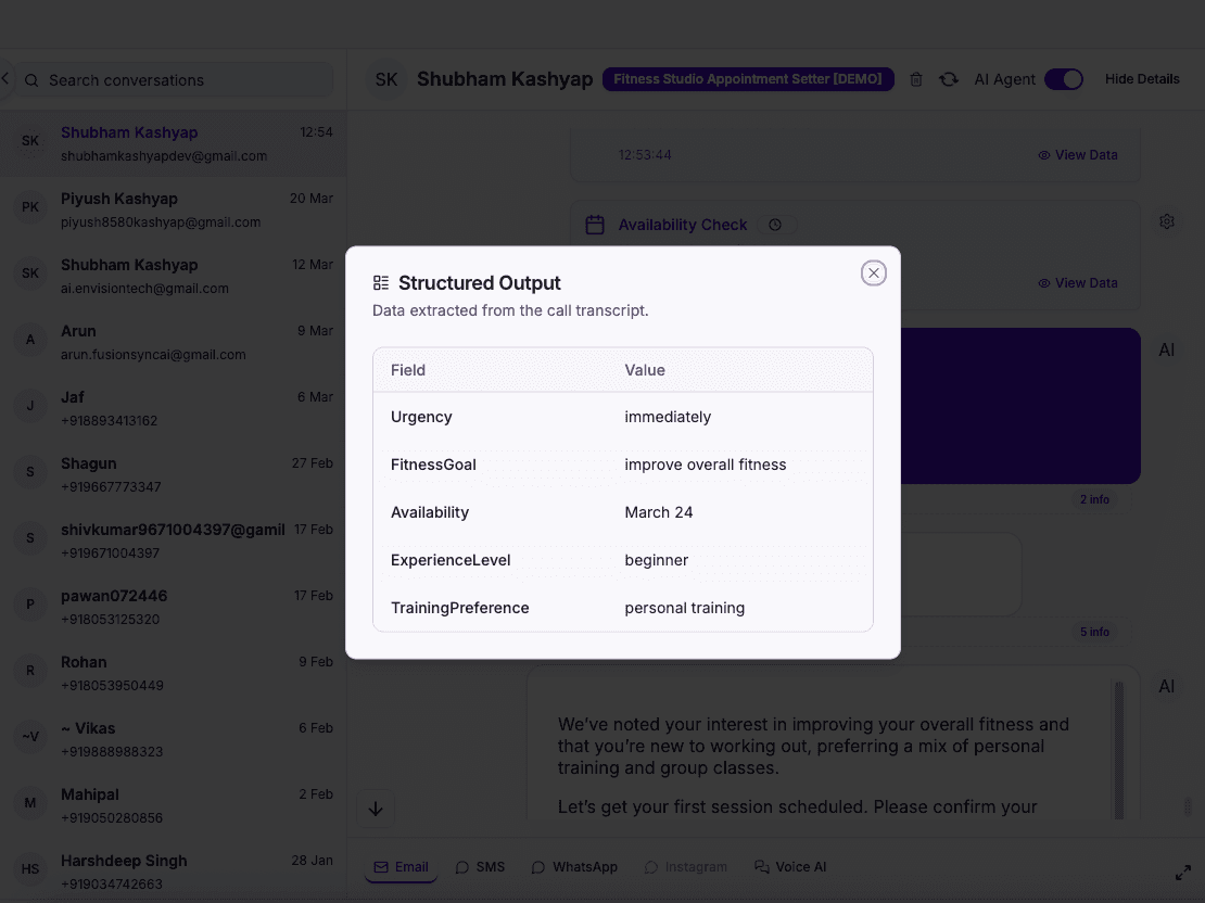 Structured data output from fitness AI call — member details and booking intent extracted automatically