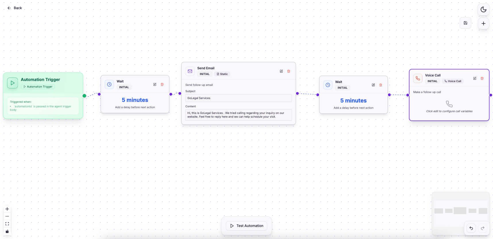 RecallSync legal intake AI receptionist workflow — enquiry triggers AI call and attorney handoff sequence