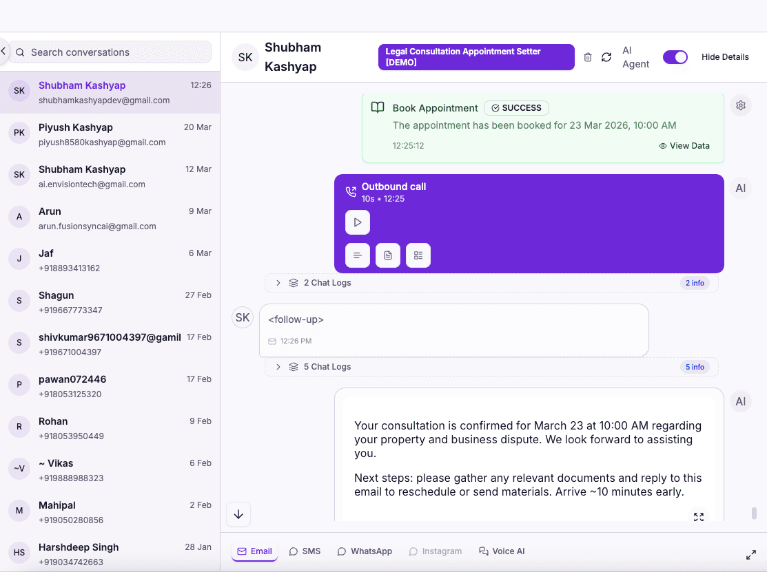 AI legal intake receptionist live conversation — case enquiry qualified by RecallSync