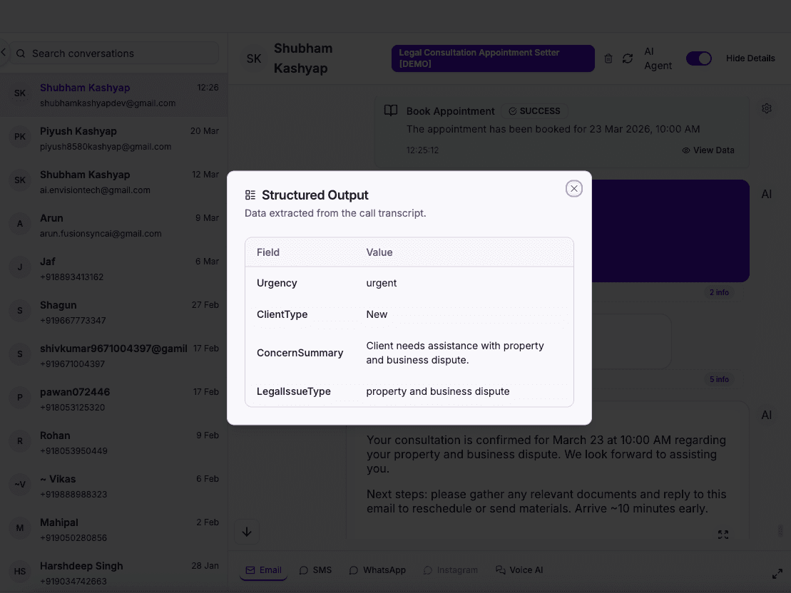 Structured data output from legal AI call — intake fields extracted automatically for case management