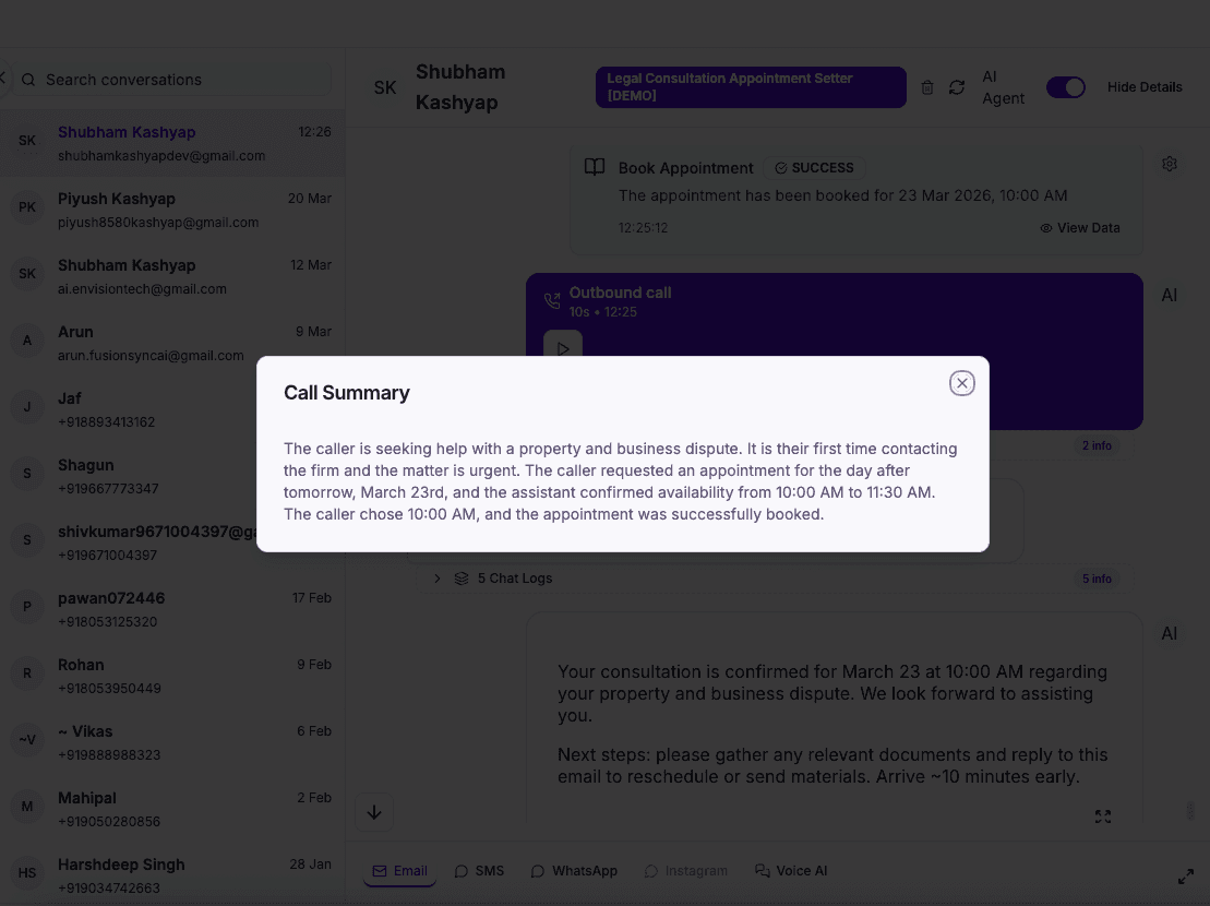 Law firm AI call summary email — intake details and urgency captured from the conversation