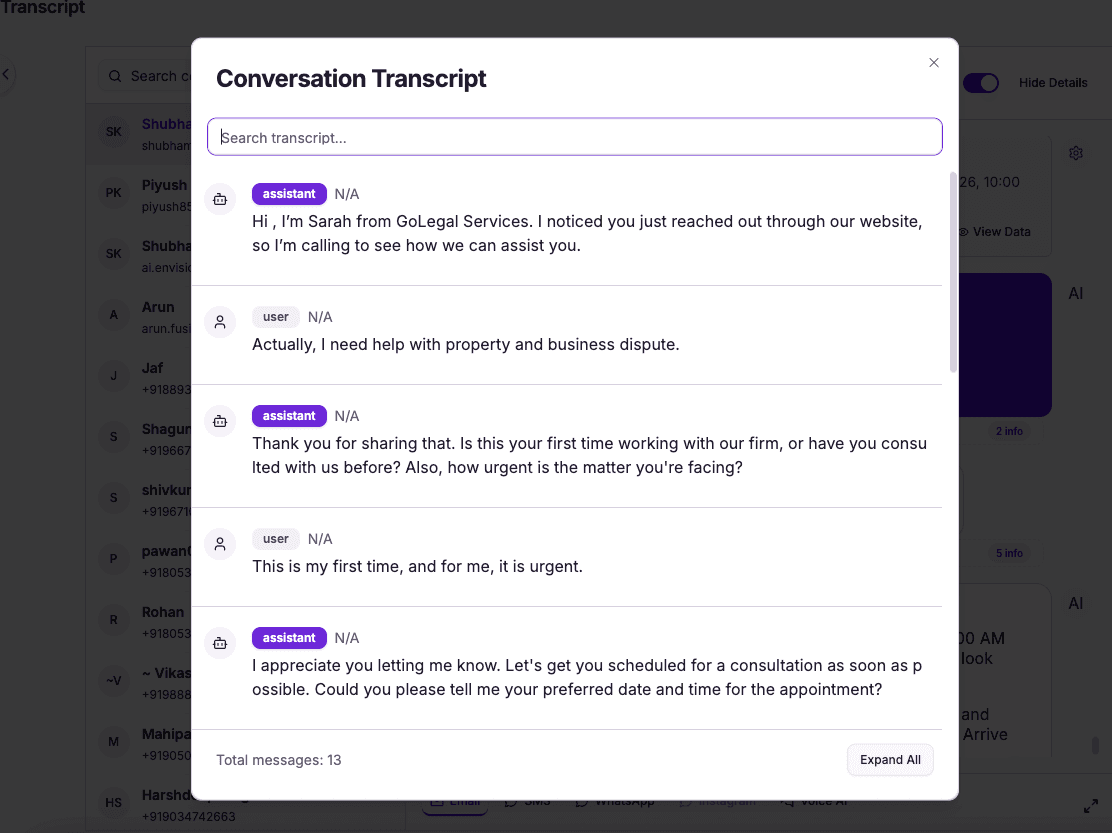 Full transcript of the AI legal intake call — every detail logged and searchable