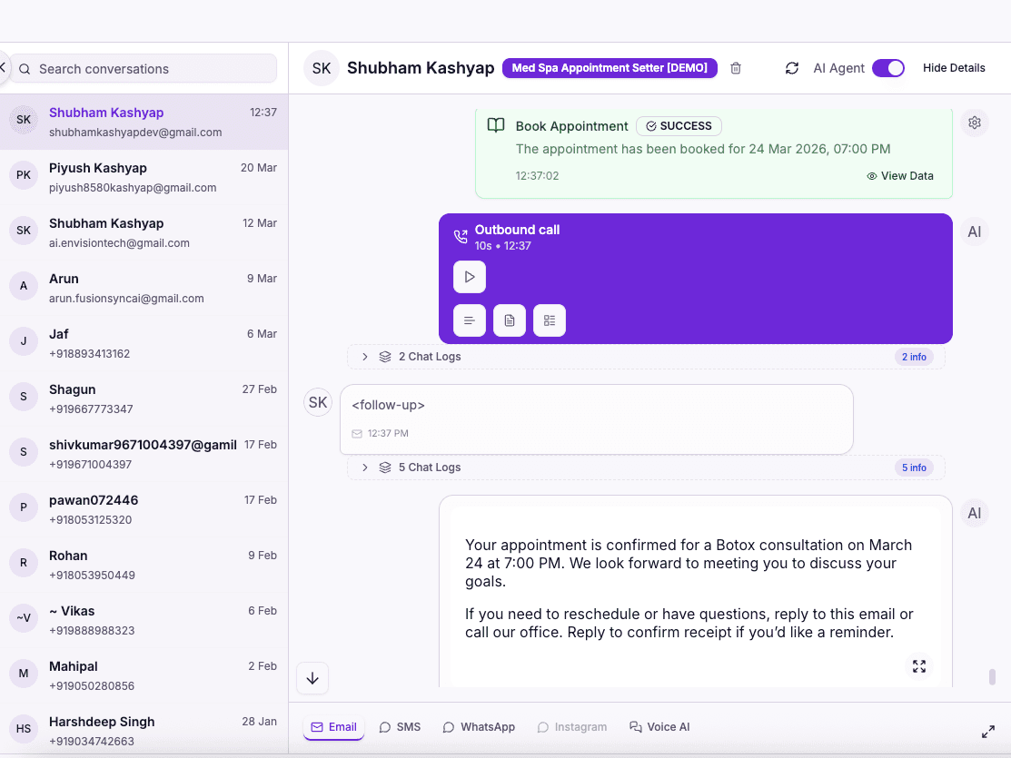 AI med spa receptionist live conversation — aesthetic treatment enquiry handled by RecallSync