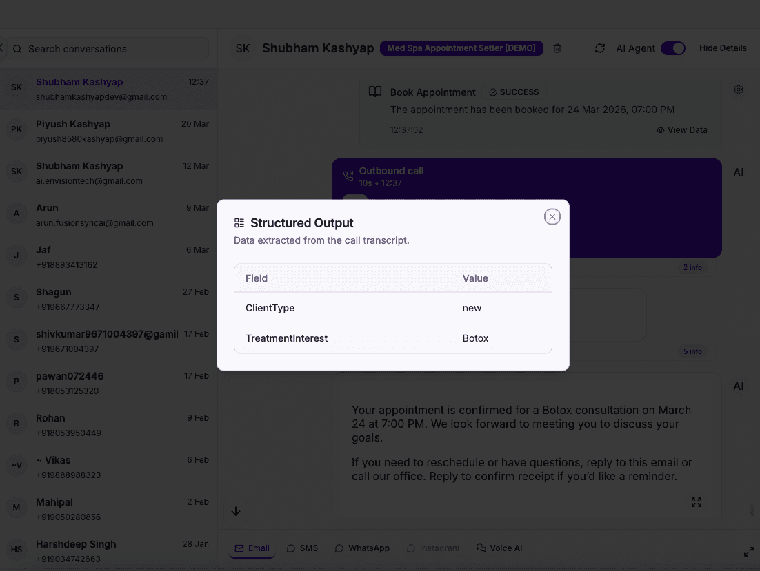 Structured data output from med spa AI call — client and appointment fields extracted automatically