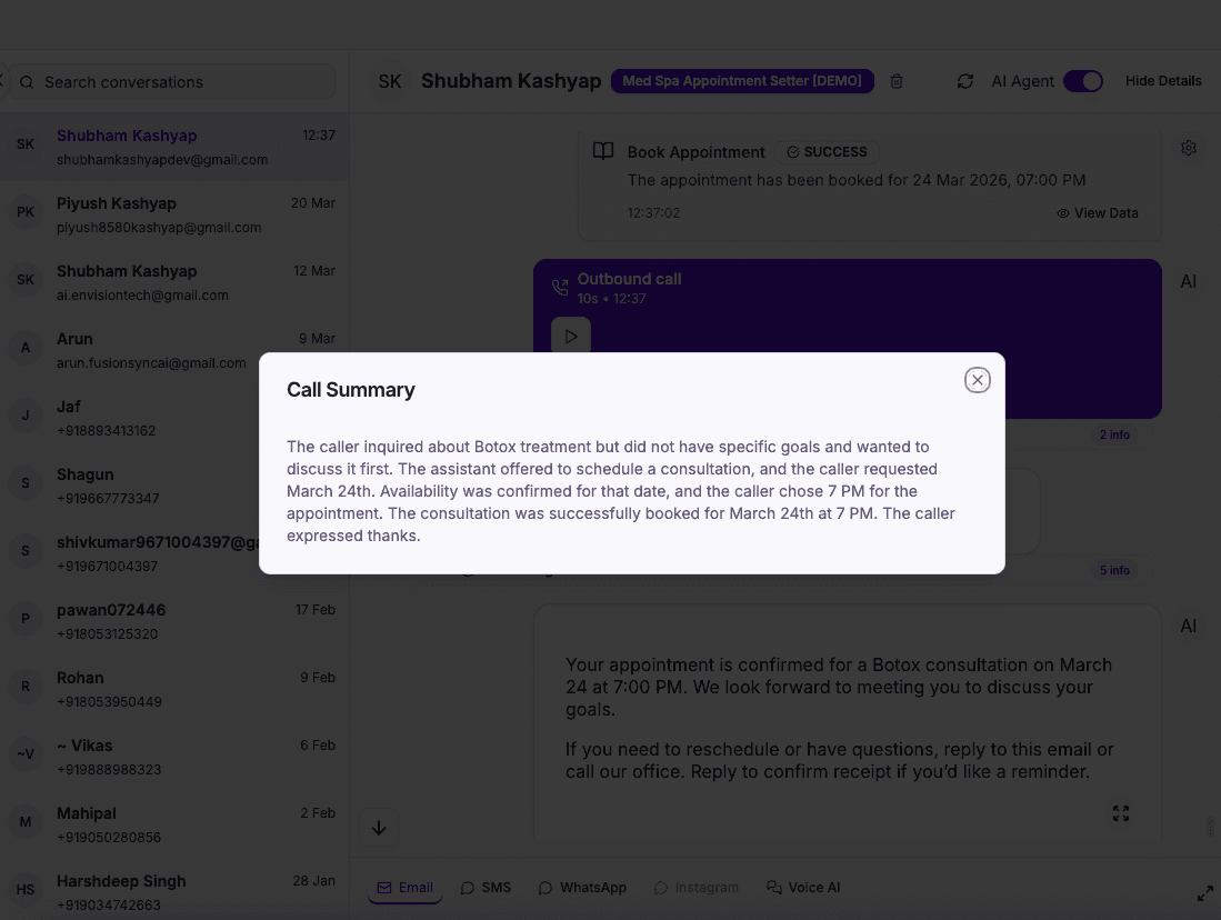 Med spa AI call summary email — treatment and booking details captured from the conversation