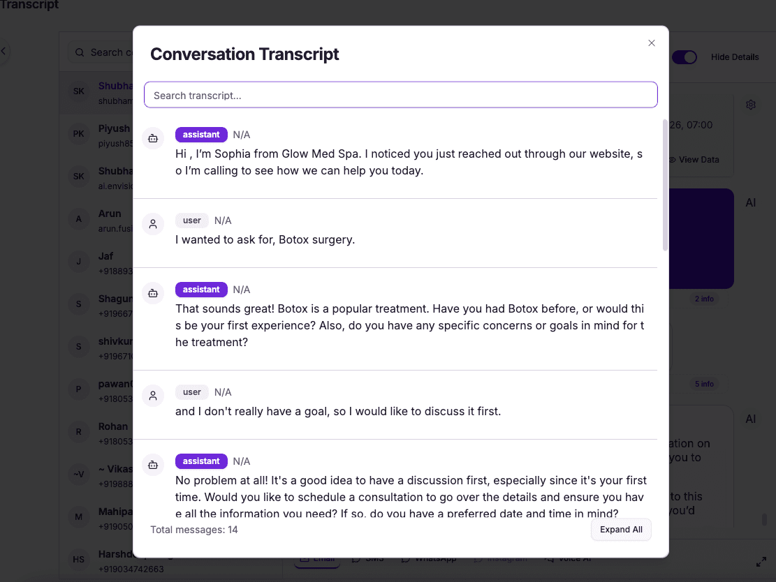 Full transcript of the AI med spa receptionist call — every word logged and searchable