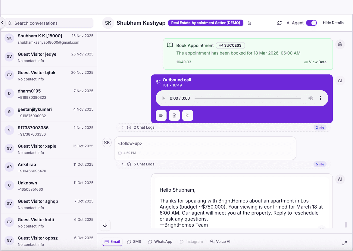 AI real estate lead qualifier live conversation buyer enquiry handled by RecallSync voice agent, capturing budget and property preferences