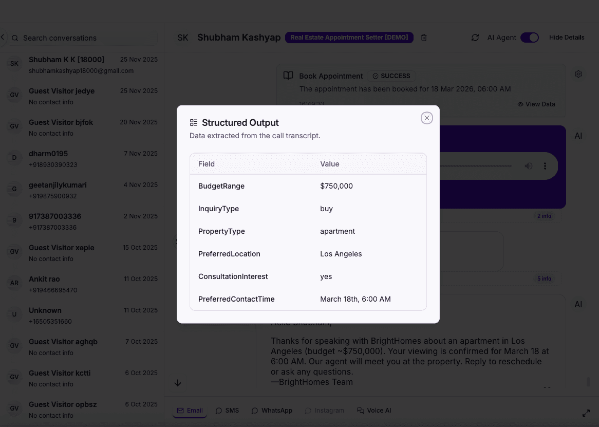Structured data output from real estate AI call — buyer budget, location, pre-approval status, and urgency extracted automatically
