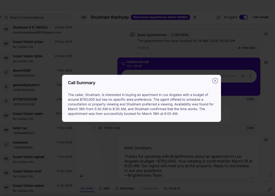 Real estate AI call summary email — lead qualification details and key buyer signals captured from the conversation