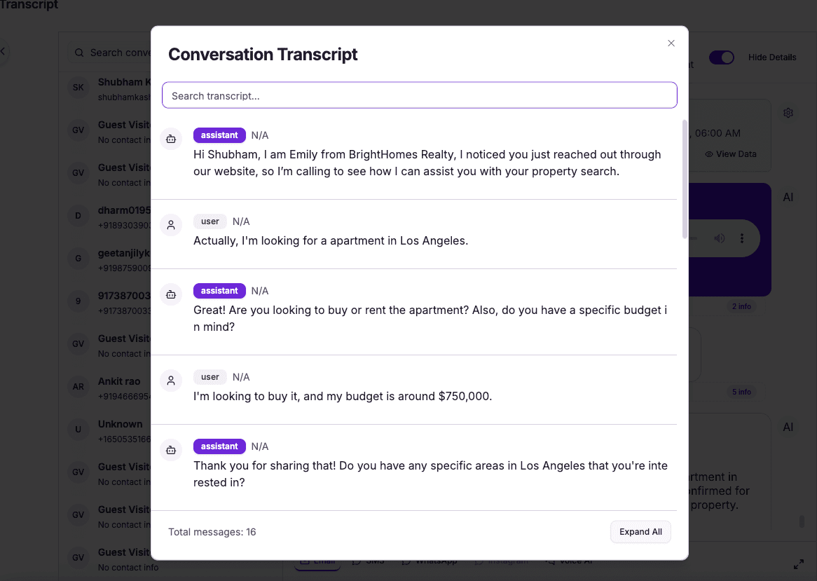 Full transcript of the AI real estate lead qualification call — every detail logged and searchable
