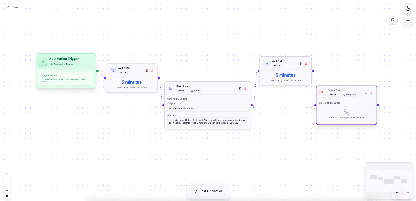 RecallSync restaurant AI host workflow — reservation enquiry triggers AI call and confirmation sequence