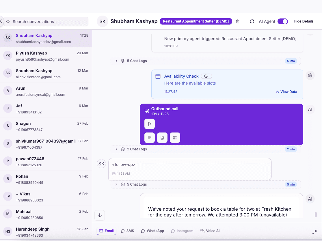 AI restaurant host live conversation — reservation enquiry handled by RecallSync