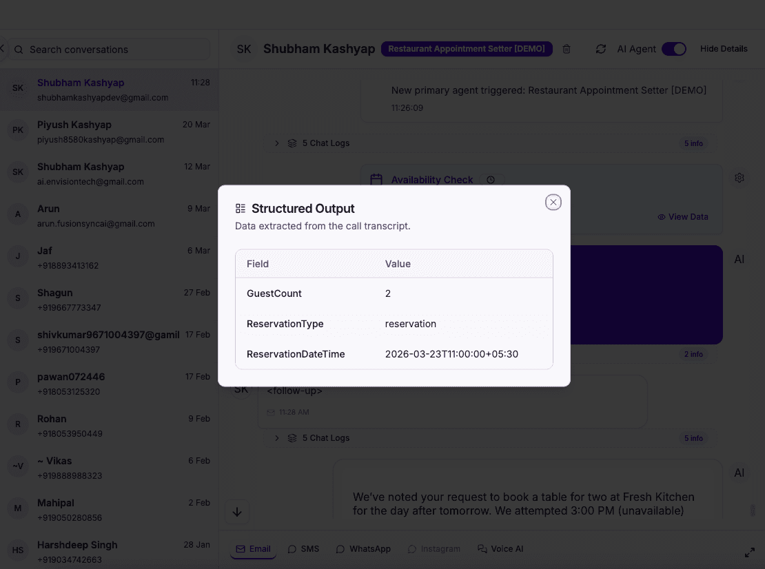 Structured data output from restaurant AI call — booking fields extracted automatically