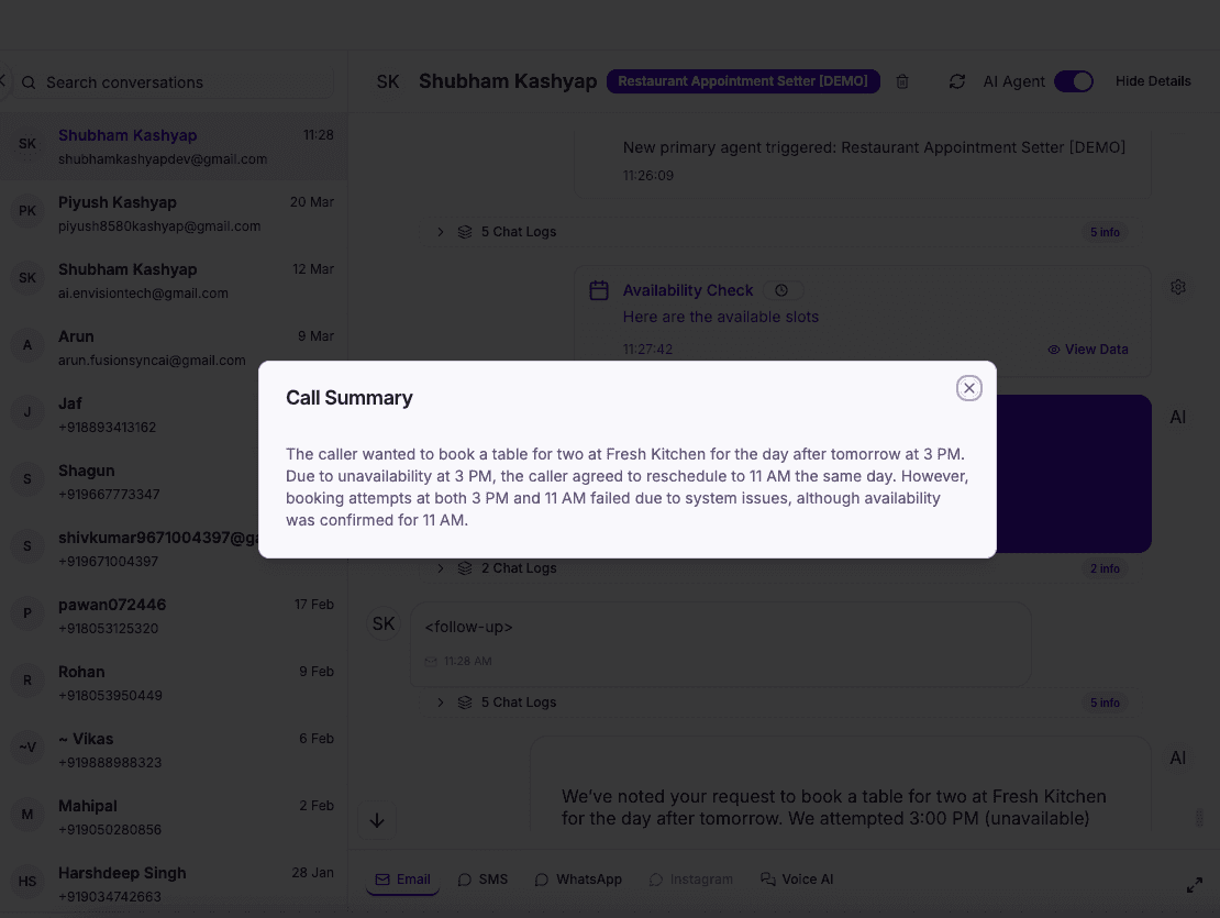 Restaurant AI call summary email — reservation details captured from the conversation
