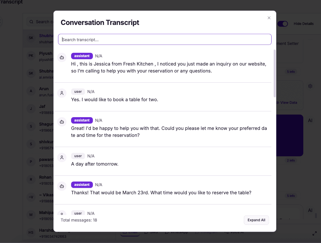 Full transcript of the AI restaurant host call — every detail logged and searchable