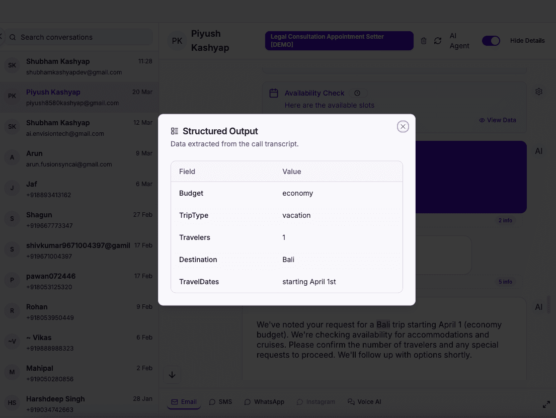 Structured data output from travel AI call — enquiry fields extracted automatically for advisor handoff