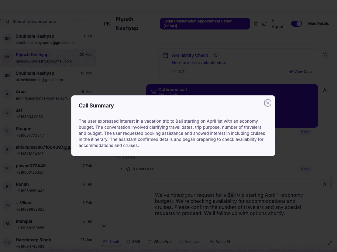 Travel AI call summary email — trip preferences and next steps captured from the conversation