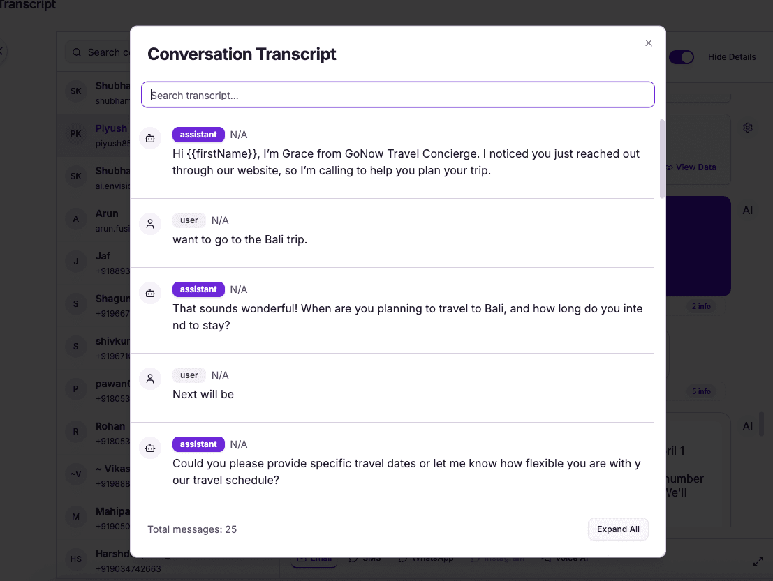Full transcript of the AI travel concierge call — every detail logged and searchable
