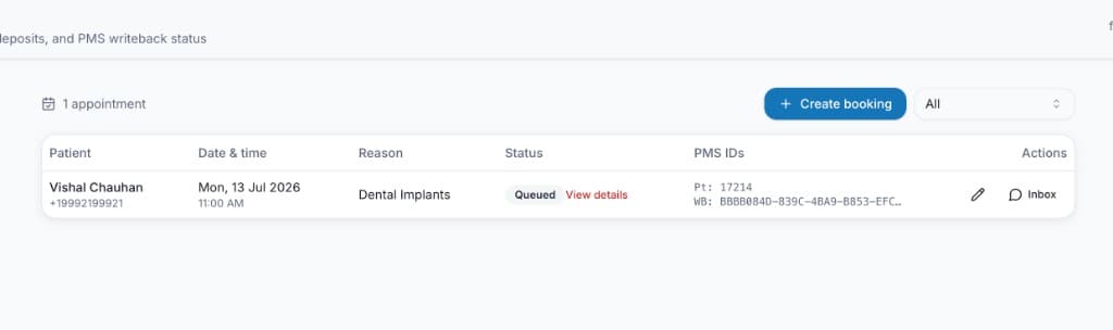 Booking queue with PMS writeback IDs in FusionSync Client Acquisition System