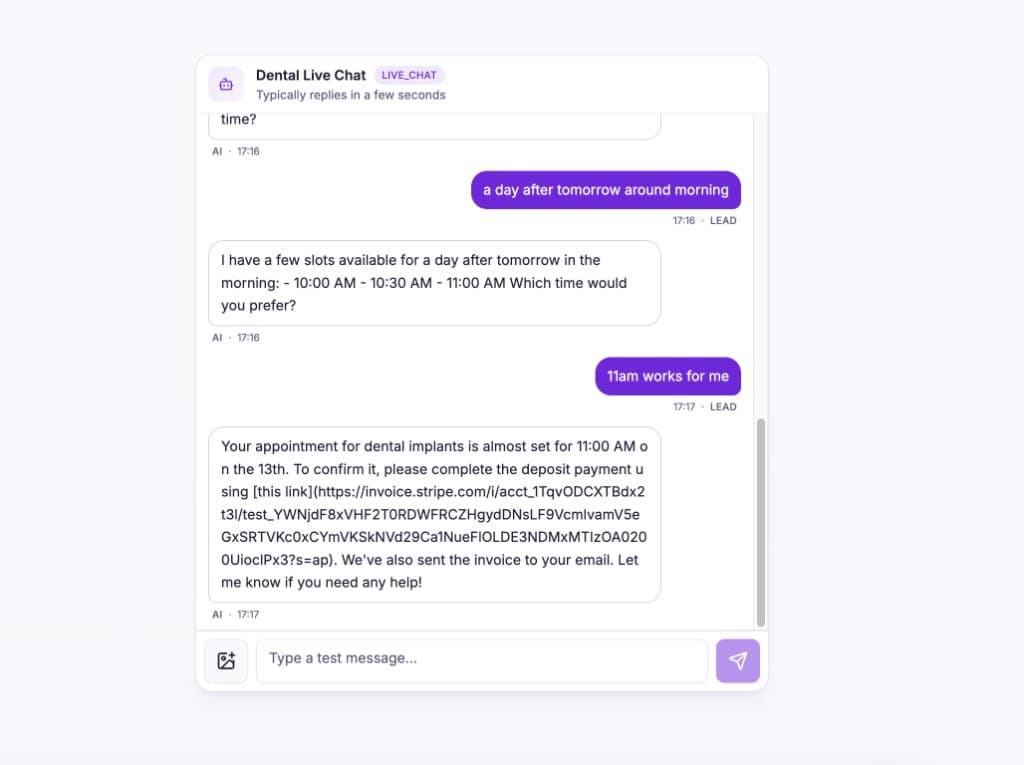 Chat flow showing appointment slot selection and Stripe deposit step