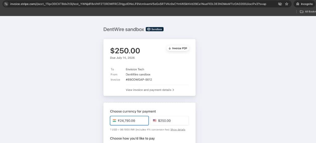 Stripe deposit invoice for dental booking in FusionSync Client Acquisition System