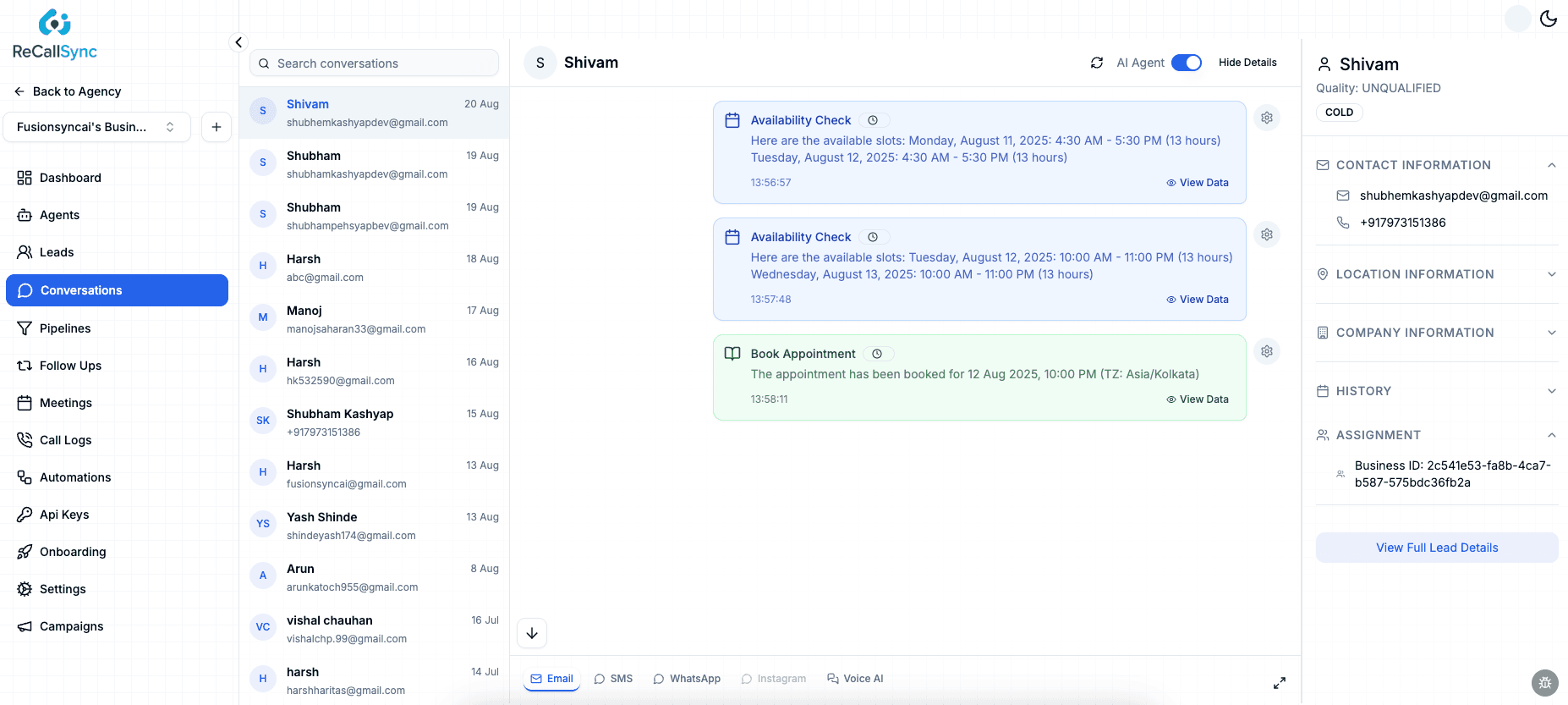 Conversation hub with call logs and lead summaries