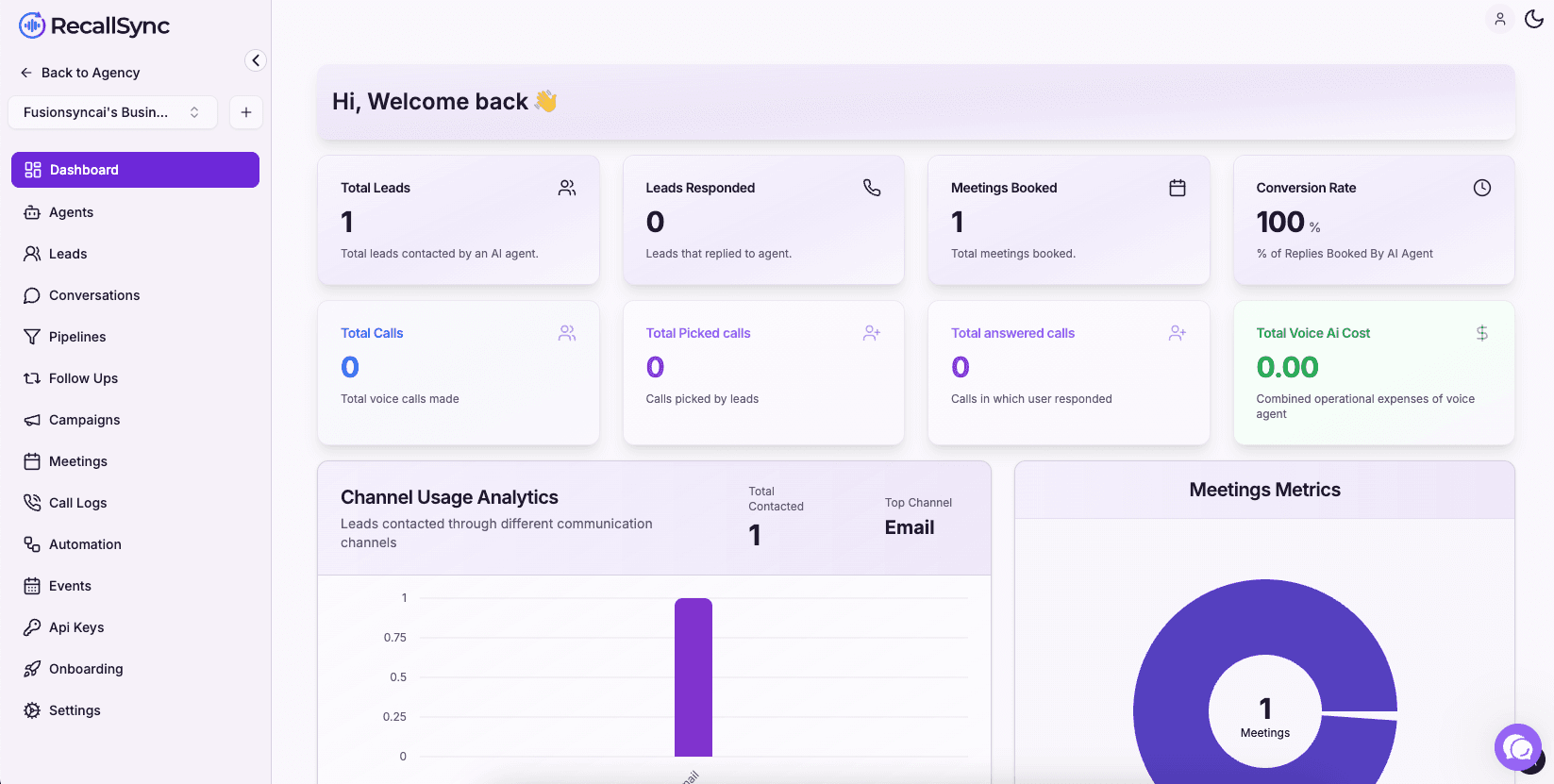 RecallSync instant lead response dashboard with lead tracking, appointment booking, and follow-up analytics