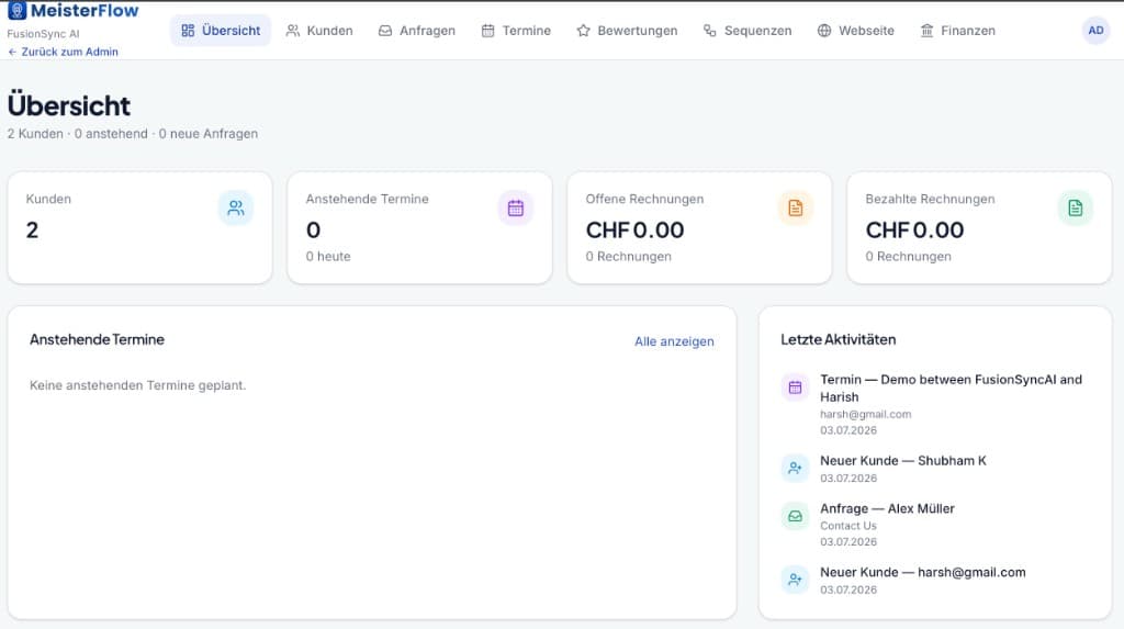 MeisterFlow business dashboard with customer, appointment, and invoice KPIs