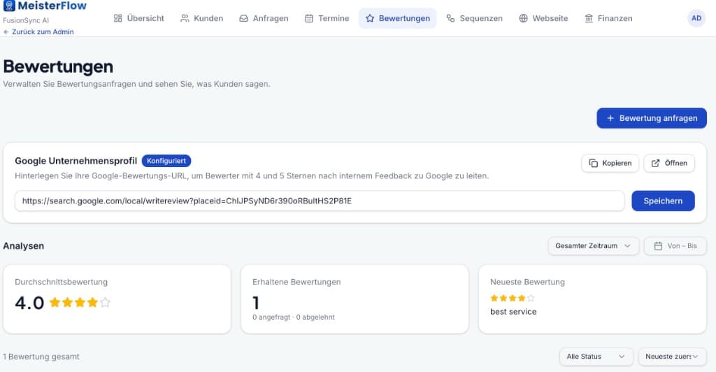 MeisterFlow Google Business Profile review management dashboard