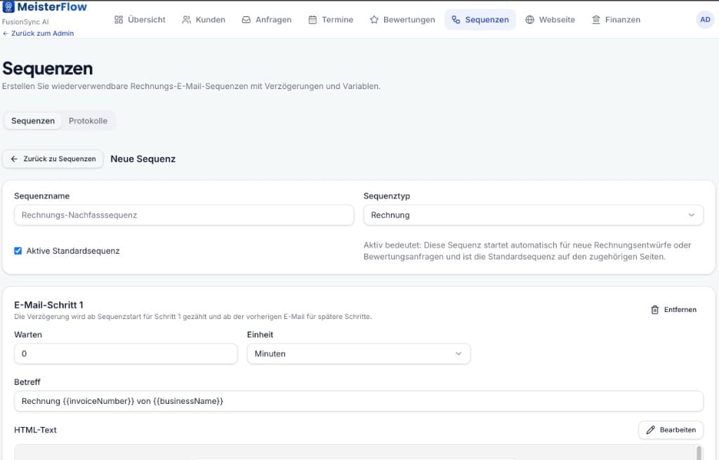 MeisterFlow invoice email sequence builder with delays and variables