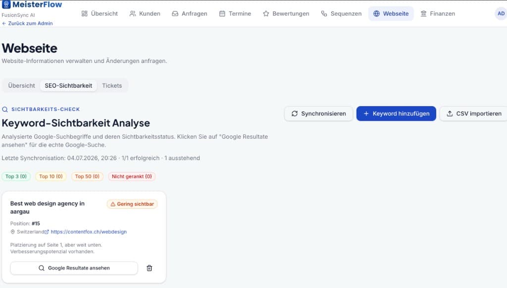 MeisterFlow local SEO keyword visibility tracker for Swiss markets