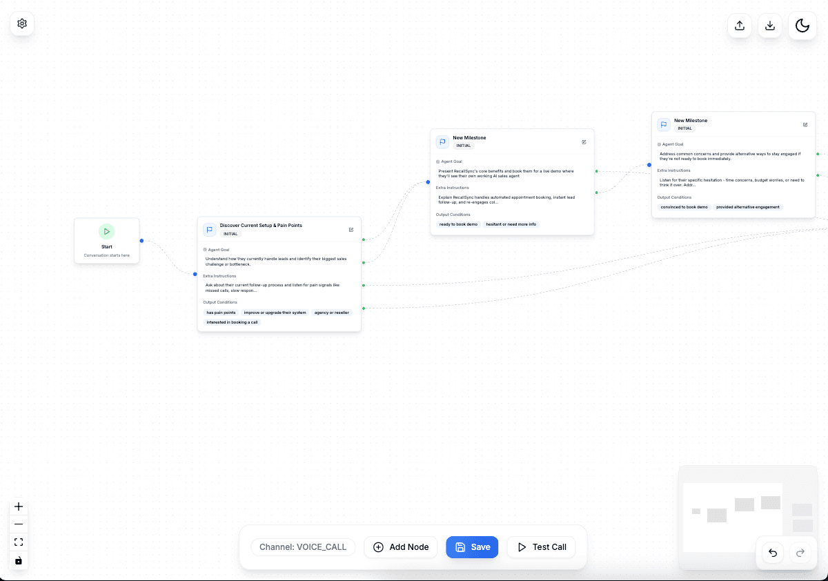 UseCortana visual agent builder with milestones, messaging, and booking nodes