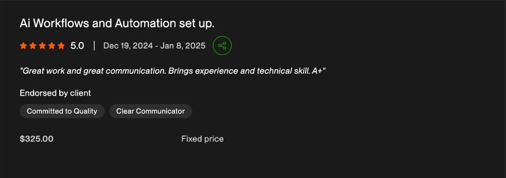 Client review screenshot: AI Workflows and Automation setup. $325 fixed price. Client quote: Great work and great communication.