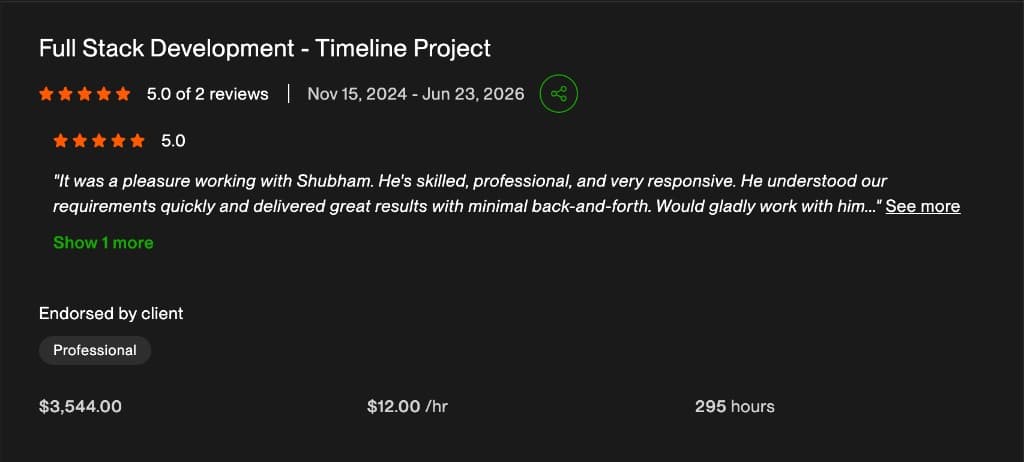 Client review screenshot: Full Stack Development Timeline Project. $3,544 across 295 hours. Client endorsed Professional delivery.