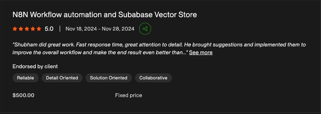 Client review screenshot: n8n workflow automation and Supabase vector store integration. $500 fixed price. Client endorsed Reliable, Detail Oriented, Solution Oriented, Collaborative.